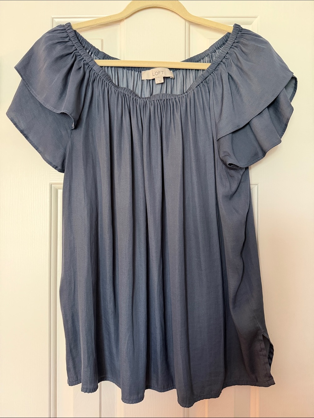 LOFT Dusty Blue Off-Shoulder Ruffled Peasant Blouse